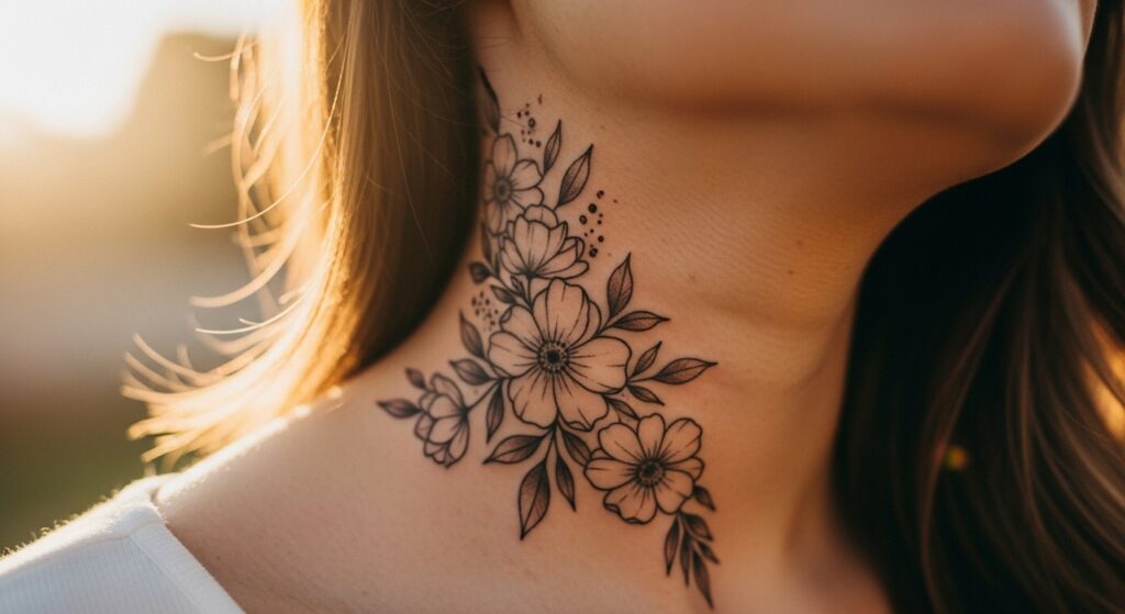 Floral Throat Tattoos Women Inspo